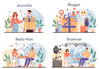 Journalist concept set. Newspaper, internet and radio journalism