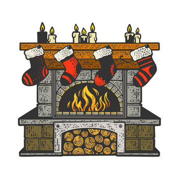 christmas fireplace with Christmas stocking color sketch engraving vector illustration. T-shirt apparel print design. Scratch board imitation. Black and white hand drawn image.