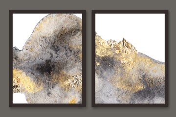 Watercolor, ink abstract art. Hand painted blots in grey and golden colors. Gold foil texture.