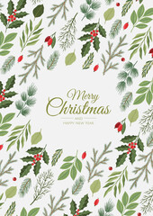 Merry Christmas and New Year Cards with Pine Wreath, Mistletoe, Winter plants design illustration for greetings, invitation, flyer, brochure.
