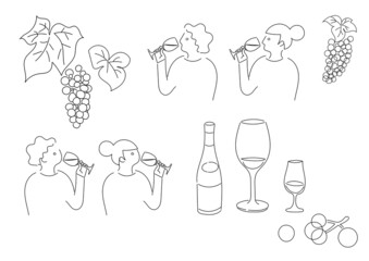 シンプルな、ワインを飲む人とワインの線画イラストセット