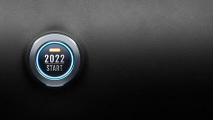 Start engine car button on black leather, happy new year 2022 start new project - obrazy, fototapety, plakaty
