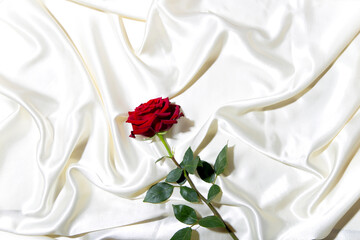 a red rose on a white bed
