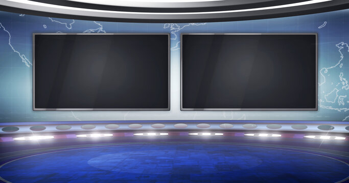 Virtual background with 2 empty monitors, ideal for tv news reportage, or infomercials. A 3D illustration, suitable on VR tracking system sets, with green screen