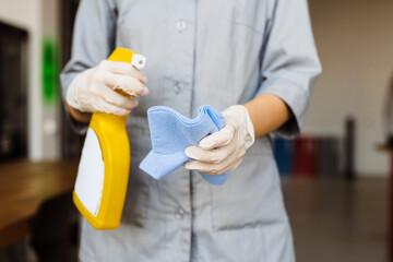 White cleaning woman using spray and rag while working