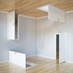 Abstract room, doors on floor, walls and ceiling, right choice concept, 3d rendering