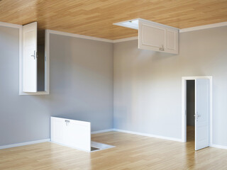 Abstract room, doors on floor, walls and ceiling, right choice concept, 3d rendering