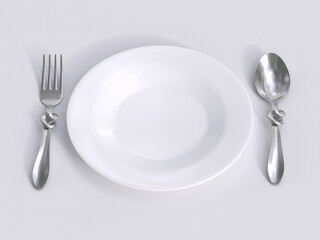 Eating restriction, fork and spoon tied to a knot 3d rendering