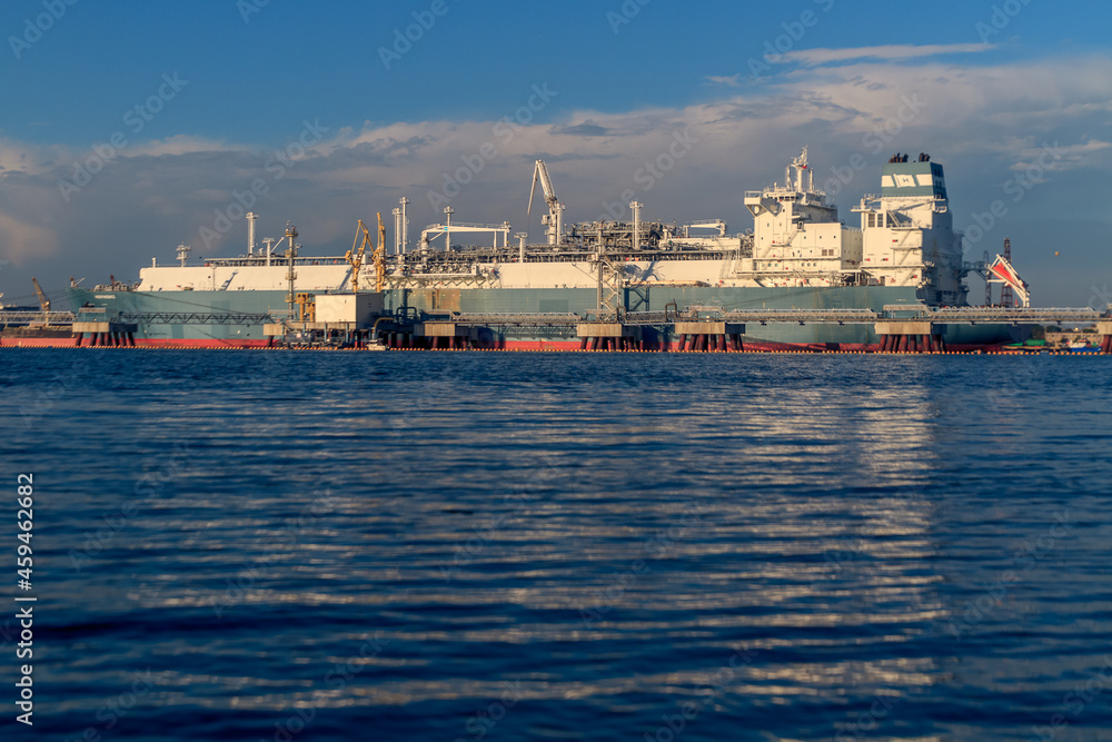 Sticker Beautiful view of the Port of Klaipeda on the Baltic sea under the cloudy blue sky