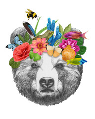 Portrait of Brown Bear with a floral crown.  Flora and fauna. Hand-drawn illustration, digitally colored.