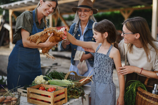 Little girl with mother stroking hen outdoors at community farmers market.