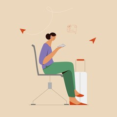 Fototapeta premium Woman waiting for the flight at the airport with smartphone and luggage, cheking in or booking a flight. Vector illustration