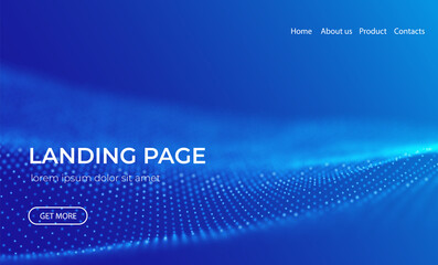 Abstract landing page background with blue particles. Flow wave with dot landscape. Digital data structure. Future mesh or sound grid. Pattern point visualization. Technology vector illustration.