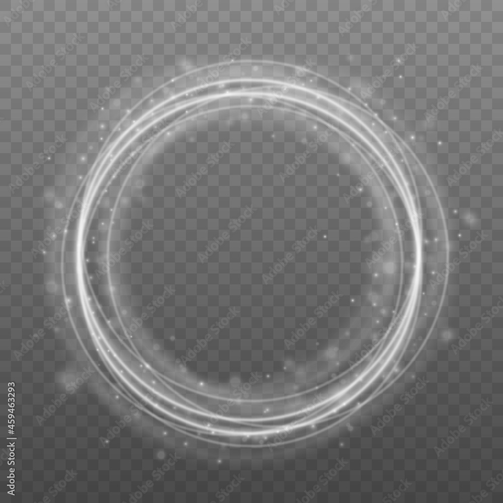 Aufkleber Motion circle light wave. Glowing round swirl lines with glitter particles. Glitter sparkle swirl trail effect. Sparkling magic white fire circle ring footprint. Bokeh effect. Smoke flow. Vector.