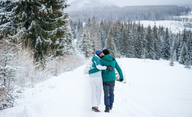 Rear view of mature couple walking arm in arm outdoors in winter nature, Tatra mountains Slovakia.