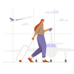 Young woman walking at the airport with luggage, boarding pass and passport, waiting for the flight with airplane in background. Travel concept vector illustration