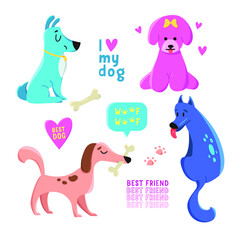 Vector collection of cartoon dogs, words. Perfect for stickers, fabric, t shirts, scrap booking, posters, textiles.