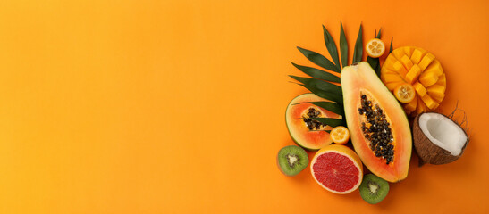 Exotic fruits set on orange background, space for text