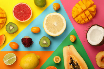 Set of exotic fruits on multicolored background