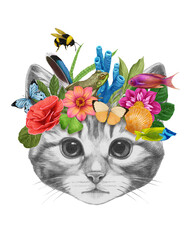 Portrait of Kitten with a floral crown.  Flora and fauna. Hand-drawn illustration, digitally colored.