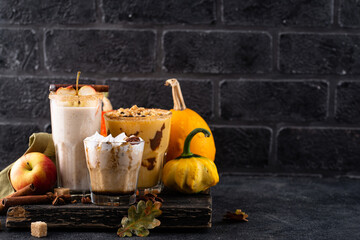 Set of autumn smoothie with pumpkin, apple and pecan
