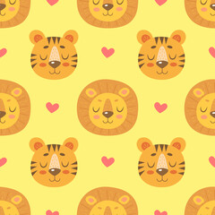 Obraz premium Seamless pattern with cute lions and tigers and hearts isolated on yellow background
