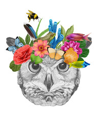 Portrait of Owl with a floral crown.  Flora and fauna. Hand-drawn illustration, digitally colored.