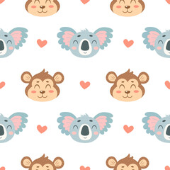 Seamless pattern with cute monkeys and koalas and hearts isolated on white background