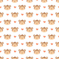 Seamless pattern with cute monkeys and hearts isolated on white background