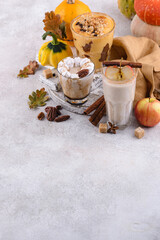 Set of autumn smoothie with pumpkin, apple and pecan