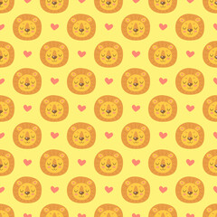 Seamless pattern with cute lions and hearts isolated on yellow background