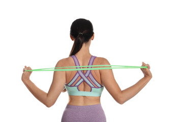 Fototapeta na wymiar Woman doing sportive exercise with fitness elastic band on white background, back view