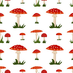 Seamless pattern with amanita mushroom with red hat and white dots and grass. Bright fly agaric print