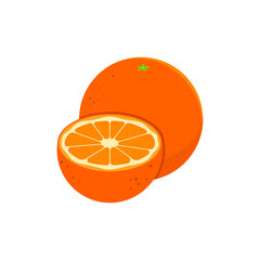 Orange fresh whole and half, isolated on white background. Tangerine. Organic fruit. Flat style. Vector illustration for any design.