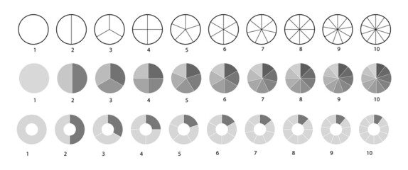 Big set, of wheel diagrams isolated on a white background. Segmented circles set. Various number of sectors divide the circle on equal parts. Black thin outline graphics.