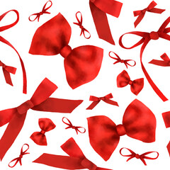 Festive seamless pattern with hand-drawn red bows, ribbons. Celebration symbols  isolated on white. 