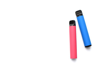 Two electronic cigarettes on a white background. Place for your text.