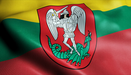 3D Waving Lithuania City Flag of Joniskis Closeup View.