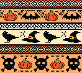 Halloween, pixel art. seamless pattern with bats hats and skulls, repeating background for embroidery and knitting,Seamless knitting pattern