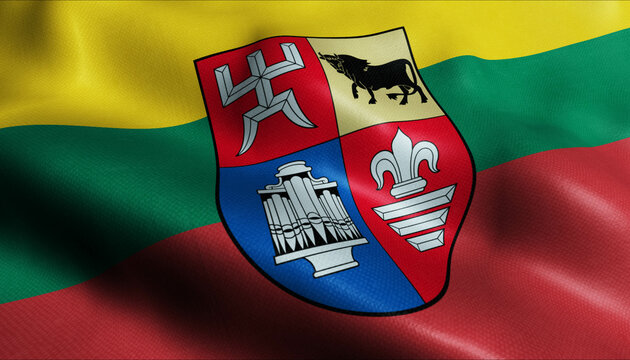 3D Waving Lithuania City Flag of Rokiskis Closeup View.