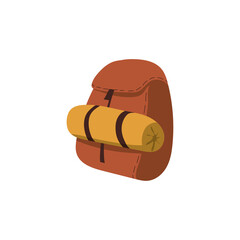 Cartoon hiking backpack. Vector illustration of a brown camper backpack with a sleeping bag. Travel backpack side view.