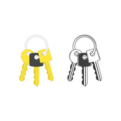 Keys on key ring isolated on white background. Illustration of bunch of golden and silver keys on keyring in flat style. Key icon cartoon design element. Security concept.