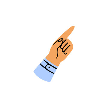 Cartoon hand pointing right upwards. One arm in the sleeve with the index finger in a blue shirt diagonally. Hand drawn hand gesture pointing. Vector stock illustration of body part isolated.