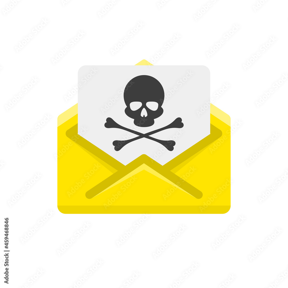 Poster open envelope and document with skull icon. virus, malware, email fraud, e-mail spam or hacker attac