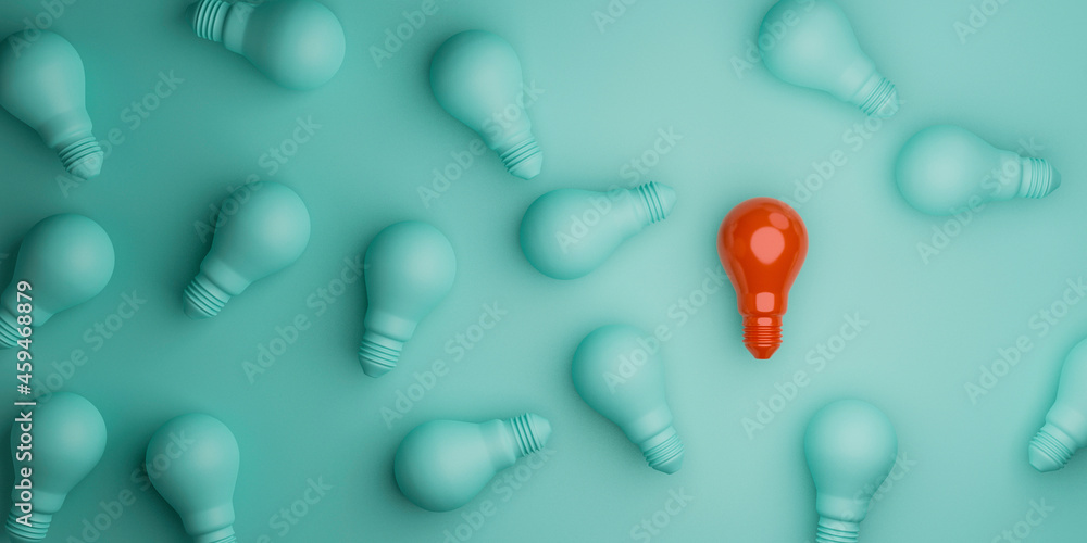 Wall mural Red lightbulb separate rom crowd blue lightbulb for different thinking idea and leadership concept by 3d rendering.