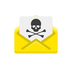 Open envelope and document with skull icon. Virus, malware, email fraud, e-mail spam or hacker attack concept. Vector illustration in flat style. EPS 10.