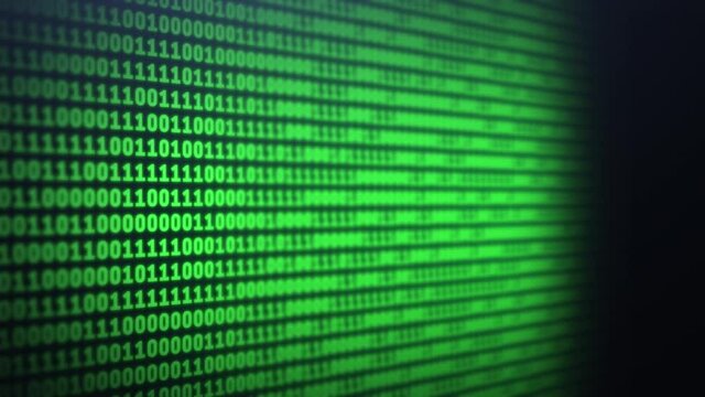 Blur binary code on computer screen background. Green digits listing table. Side view animation. Data technologic concept