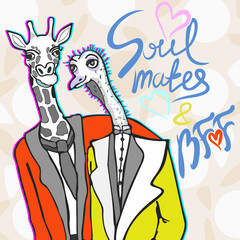 Soulmales. Vector illustration of giraffe and ostrich, best friends. Humorous concept with lettering: soulmates and best friends forever.