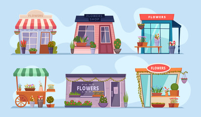 Flowers shop. Beauty boutique with bouquets of flowers colored exotic plants exact vector illustrations