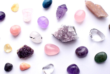 Gems of different colors. Amethyst, rose quartz, agate, apatite, aventurine, olivine, turquoise,...